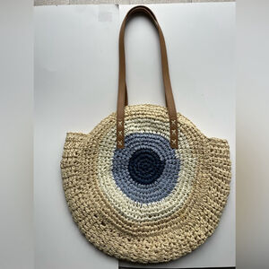 Stylish Beige and Blue Woven Tote Bag Evil Eye Hand Woven